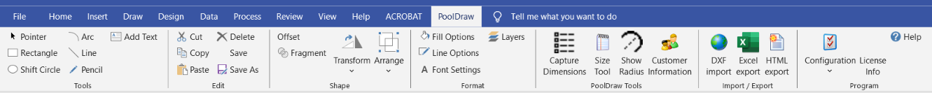 The PoolDraw ribbon tab in Microsoft Visio, showing seven command groups: Tools, Edit, Shape, Format, PoolDraw Tools, Import/Export, and Program